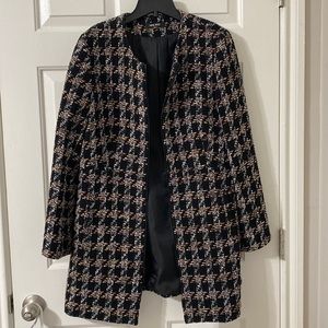 Zip up tweed long sleeve lined coat w/ pockets in yellow, red, white, & black